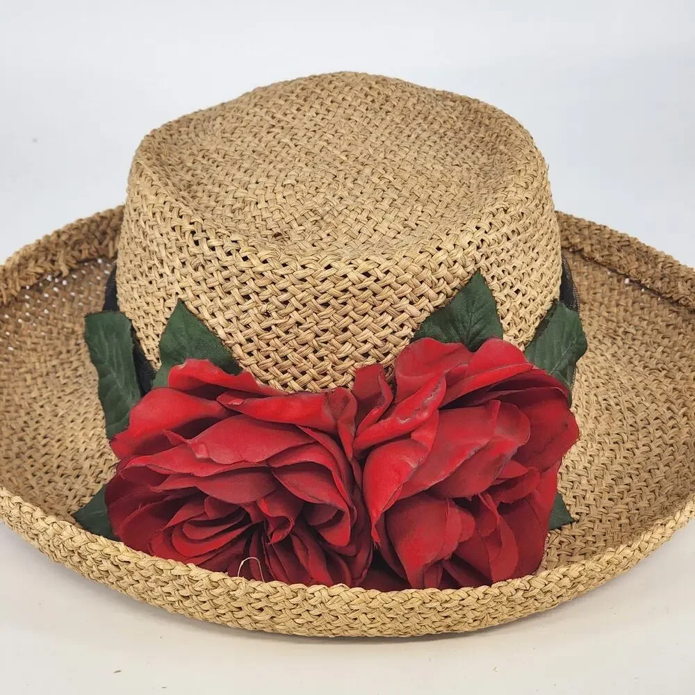 Eric Javits Luxury Squishee Sun Hat Beige Packable Woven Rose Brim Hatpin Vtg - Picture 10 of 14